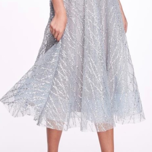 Marchesa Notte Silver Beaded Glitter Tulle Sparkling Tea Length Gown NWT - Picture 8 of 14